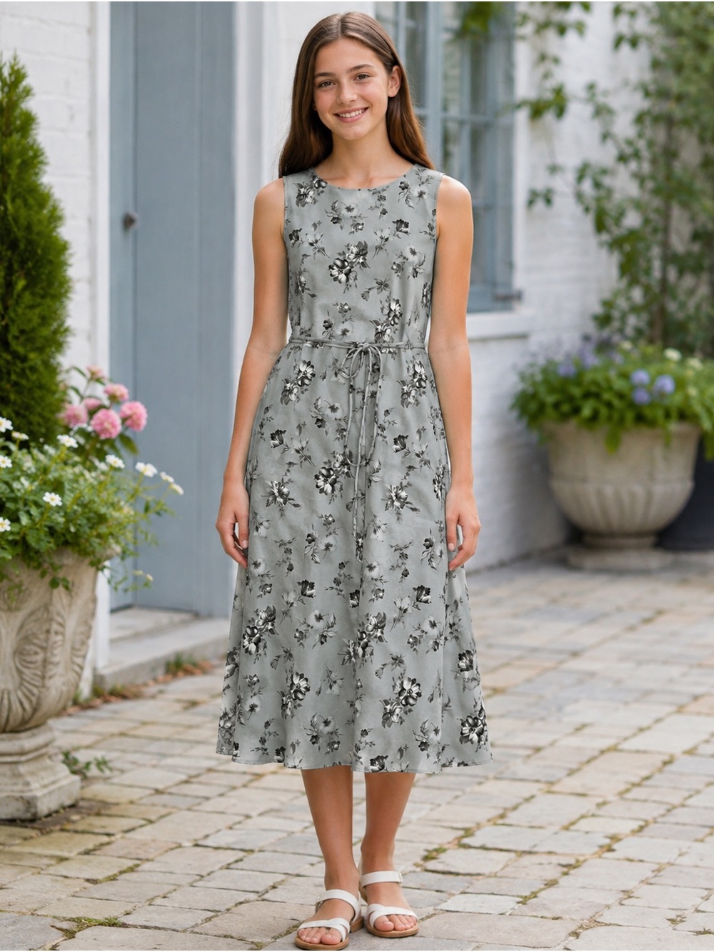 Lisa Jo Vintage 90s Floral Midi Dress 13/14 Gray Black Tie Waist Sleeveless